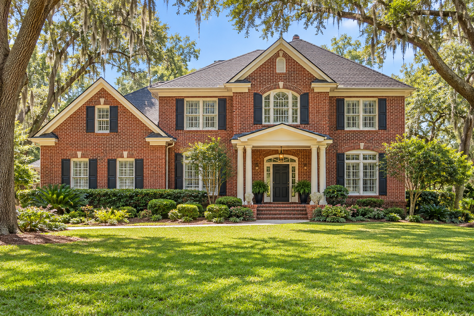 Illustrative two-story red brick home with mature trees and a landscaped yard