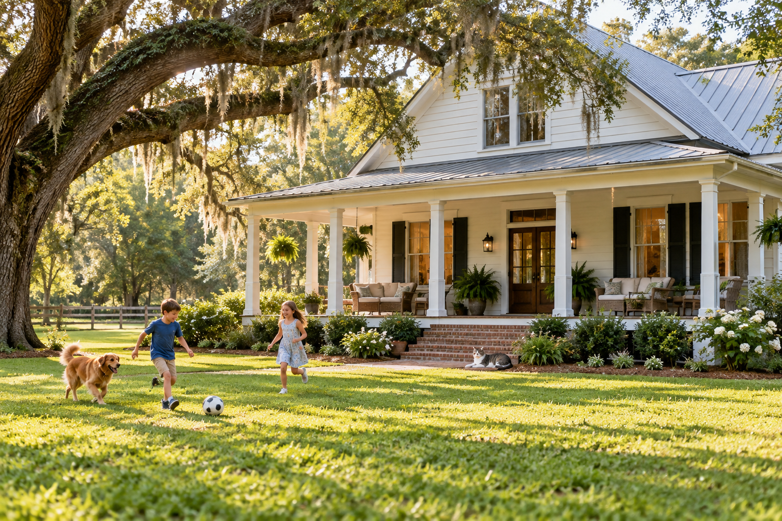 Illustrative country home with children playing and pets in the yard
