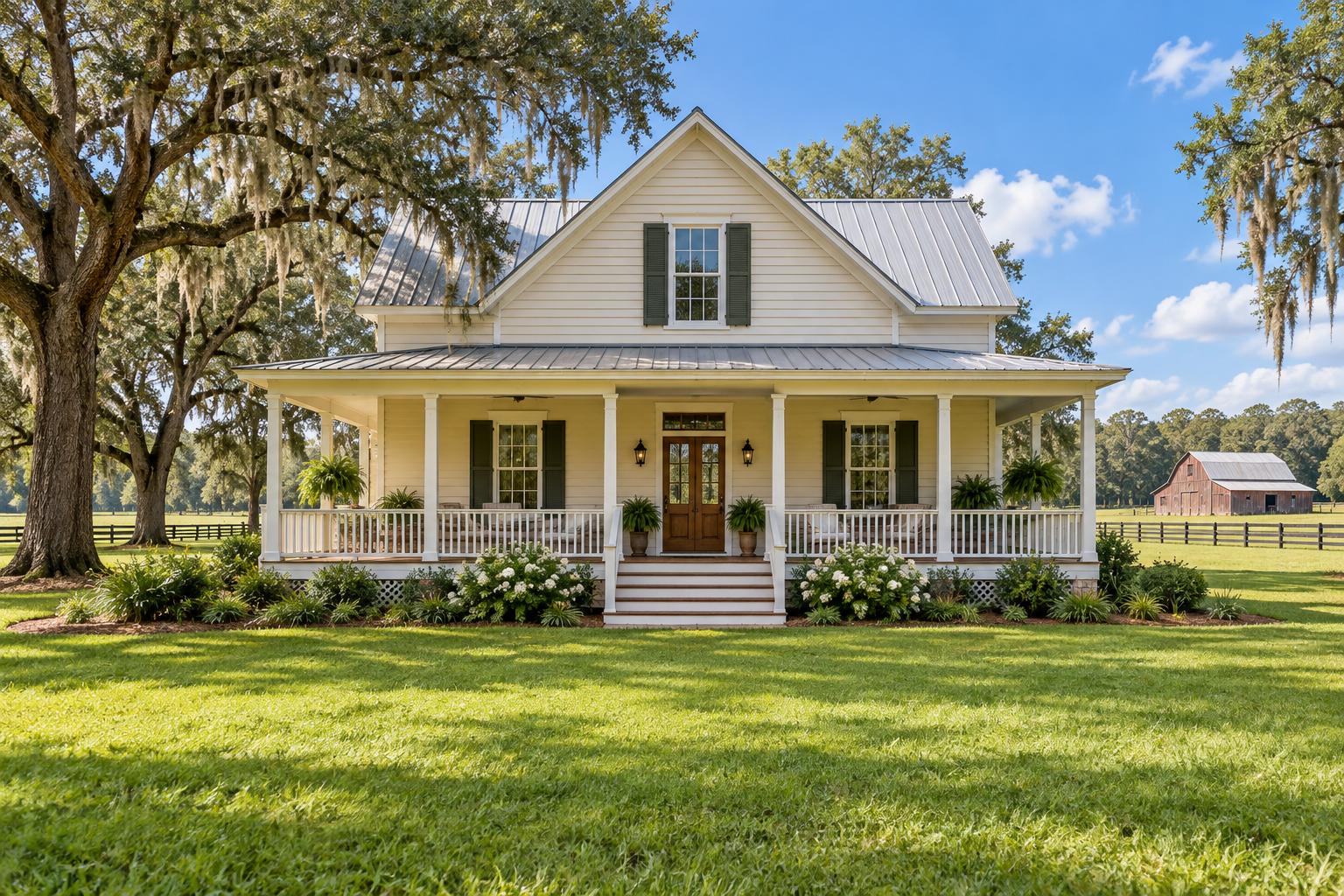 Illustrative farmhouse with pasture, fencing, and mature oak trees