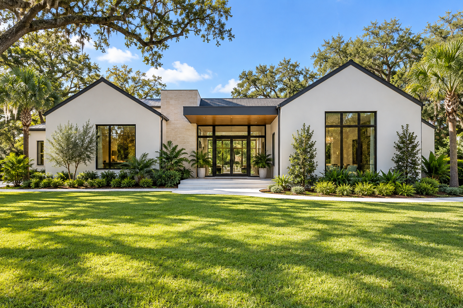 Illustrative modern home with a green lawn and North Florida-style landscaping